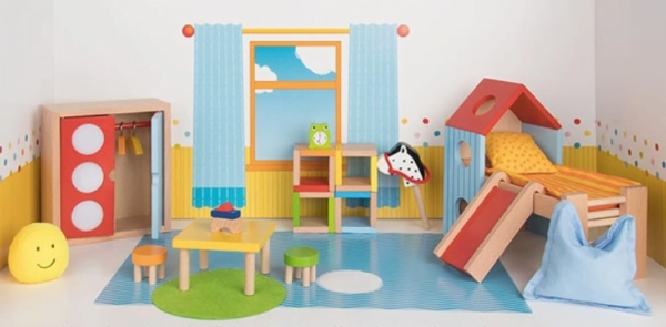 Mobilier pentru casa de papusi - Camera copilului. Setul contine contine accesorii cu un grad mare de atentie la detalii.